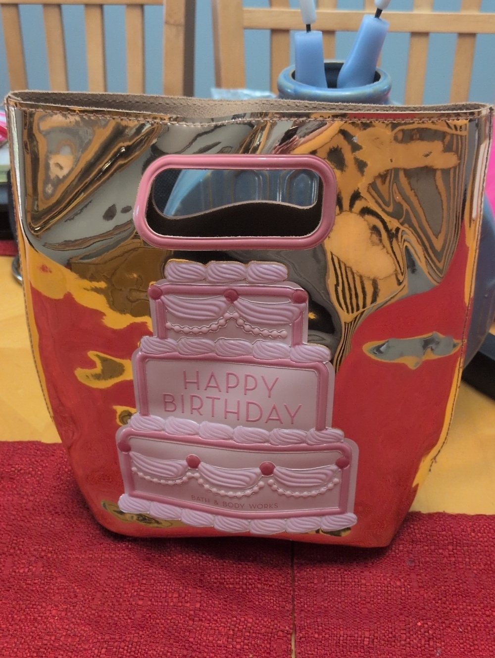 Bath & Body Works Rose Gold Metallic Birthday Tote with Pink Cake Applique